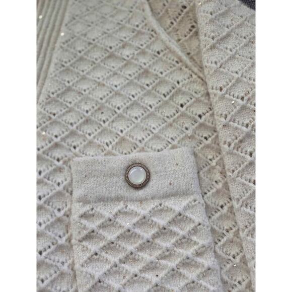 POL Cardigan Cream Knit Gold Thread Sequin Detail Boho Cropped Sweater M - Picture 5 of 10